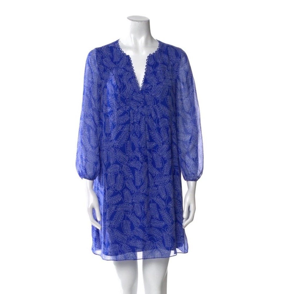 Diane von Furstenberg Silk Tent Dress Womens 2‎ Blue Excellent Leaf Print Mini
